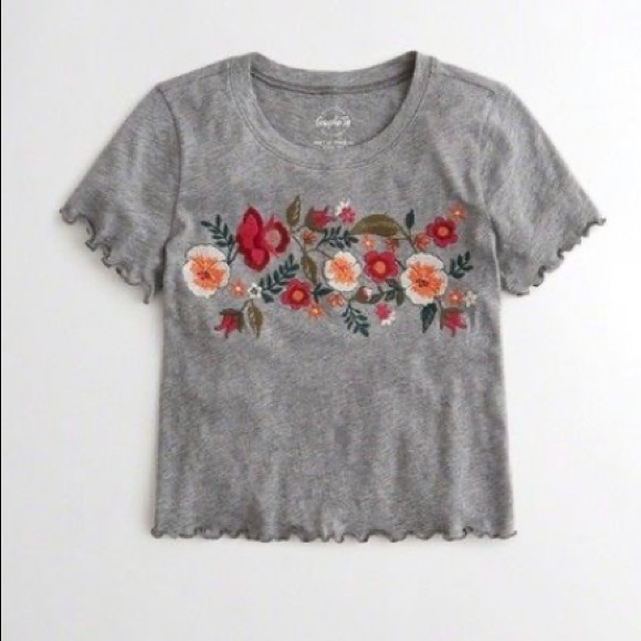 Hollister 🌑Grey Embroidered Flower Tee S - Picture 2 of 6